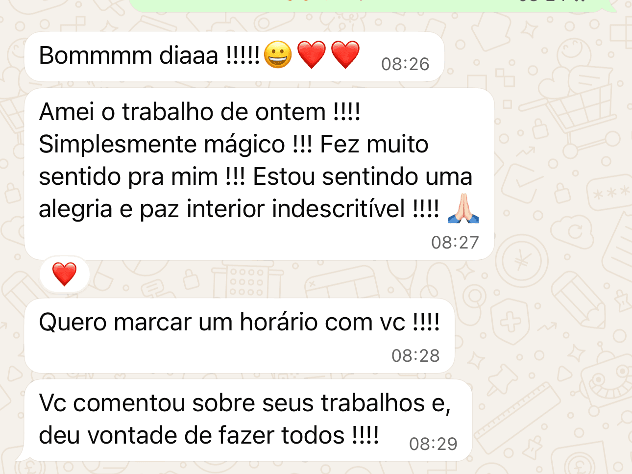 Print de mensagem recebida como depoimento sobre uma experiencia com Camila Santana Terapias
