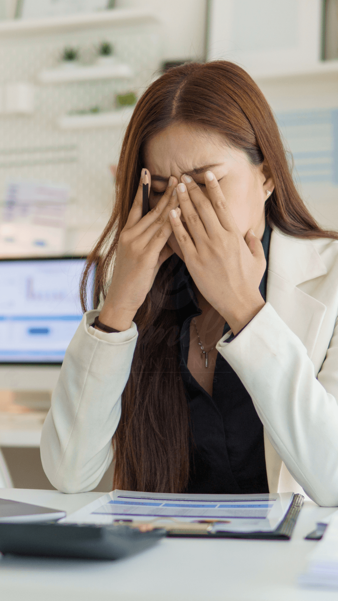 Mulher exausta diante do computador, com as mãos cobrindo o rosto